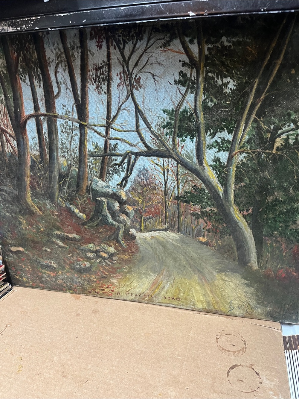 Woodland Road Oil Painting - Green & Brown Landscape Art signed dated 1919